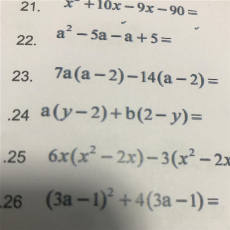 Help with question 24 the answer is (y-2)(a-b) but I need explain I don’t understand-example-1