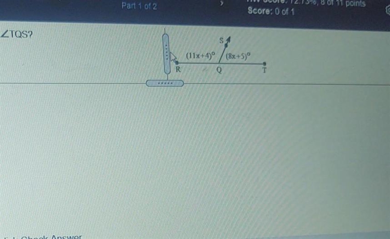 <RQT is a straight angle. What are m<RQS and m<TQS? (also I know it's 19x-example-1