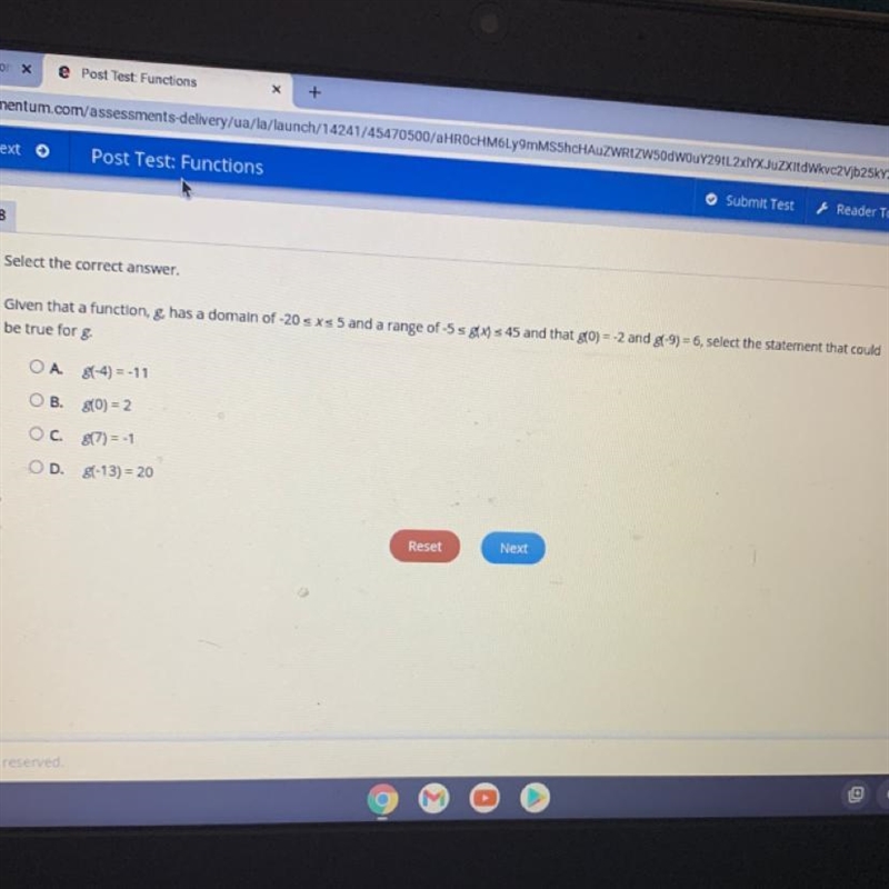 Given that a function, g, has a domain of -20 sxs 5 and a range of 5 s 39 s 45 and-example-1