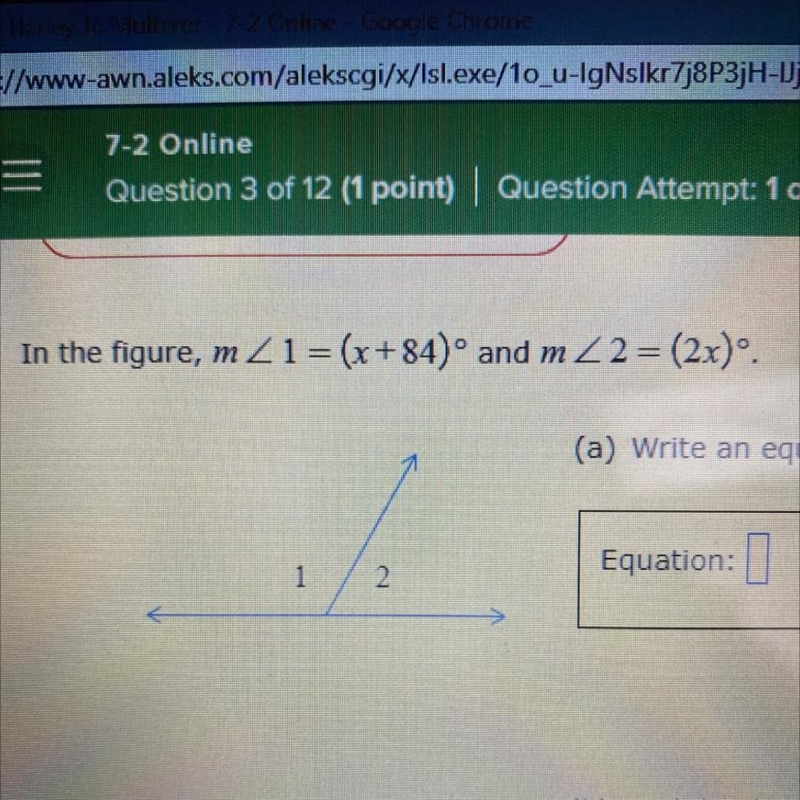 What's the equation to find x? what's the degree of each angle-example-1