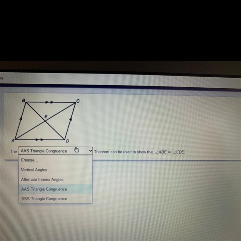 Angles B D The AAS Triangle Congruence sch Theorem can be used to show that ABE CDE-example-1