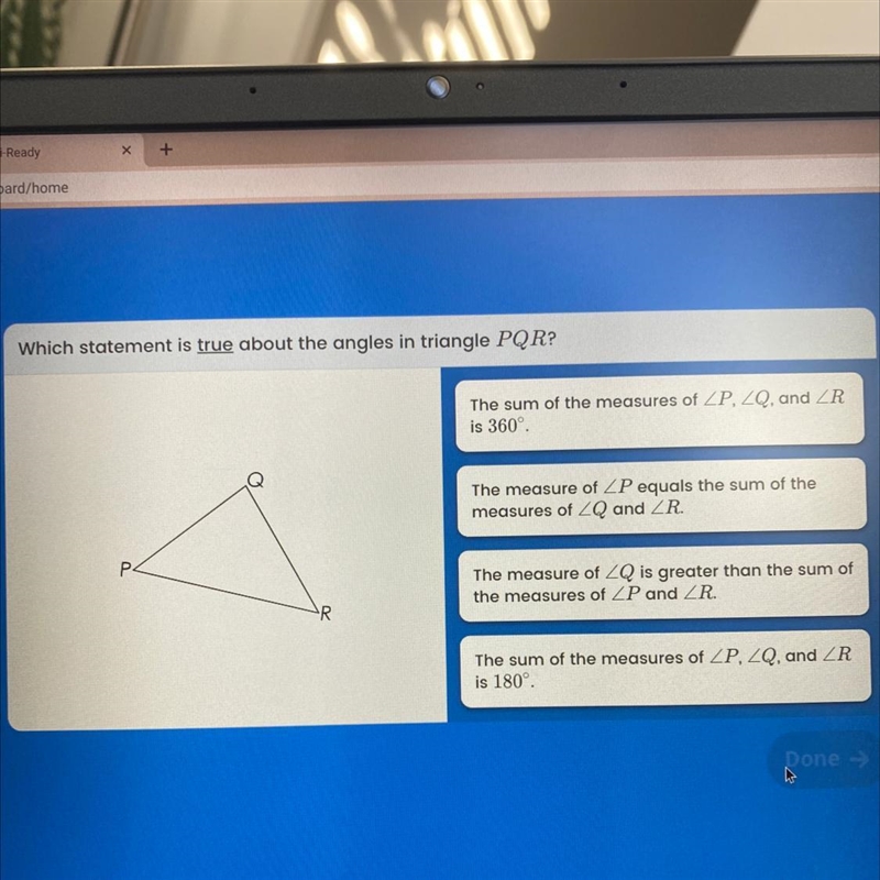 Which statement is true about the angles in triangle PQR?-example-1