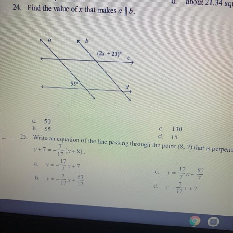 Find the value of x that makes a||b. (2x+25) 55-example-1