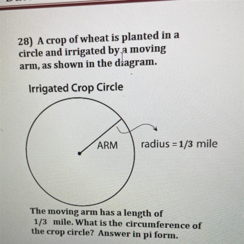 28) A crop of wheat is planted in a circle and irrigated by a moving arm, as shown-example-1