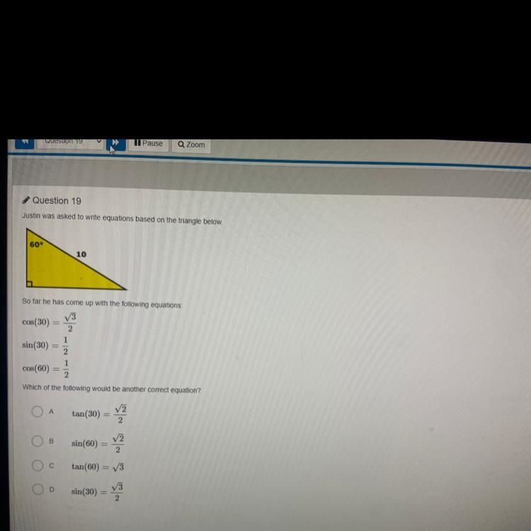 Justin was asked to write equations based on the triangle below. So far he has come-example-1