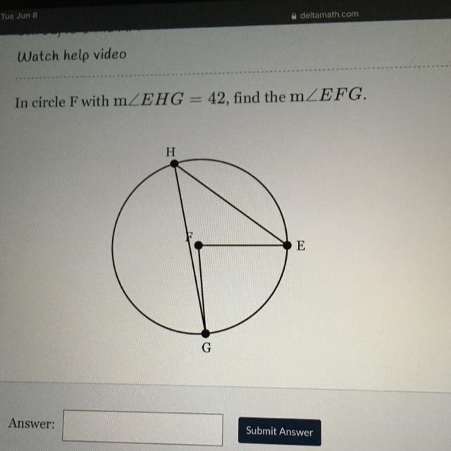 In circle F with mEHG = 42, find the mEFG.-example-1