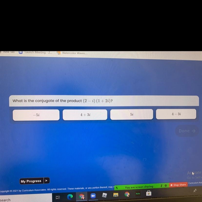 What is the conjugate of the product (2 - i)(1+2i)?-example-1