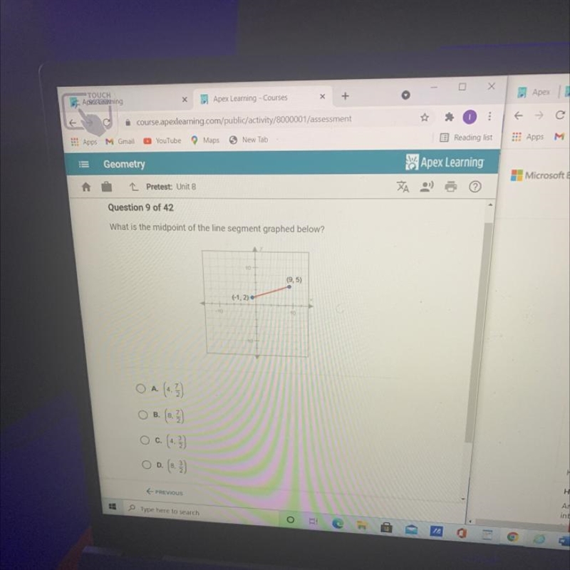 What is the midpoint of the line segment graphed below? A. (4,7/2) B. (8,7/2) c. (4,3/2) D-example-1