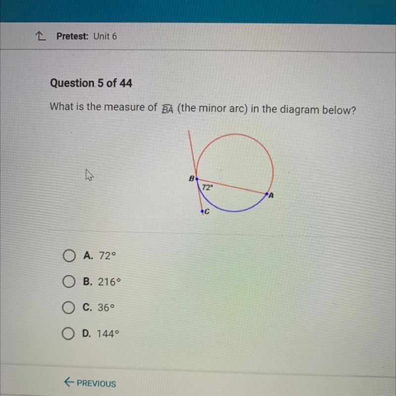 Question 5 of 44 What is the measure of BA (the minor arc) in the diagram below?-example-1