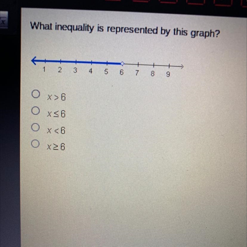 What inequality is represented by this graph? + 1 2 + g 02 4 5 6 Ox>6 Ox<6 0 x-example-1