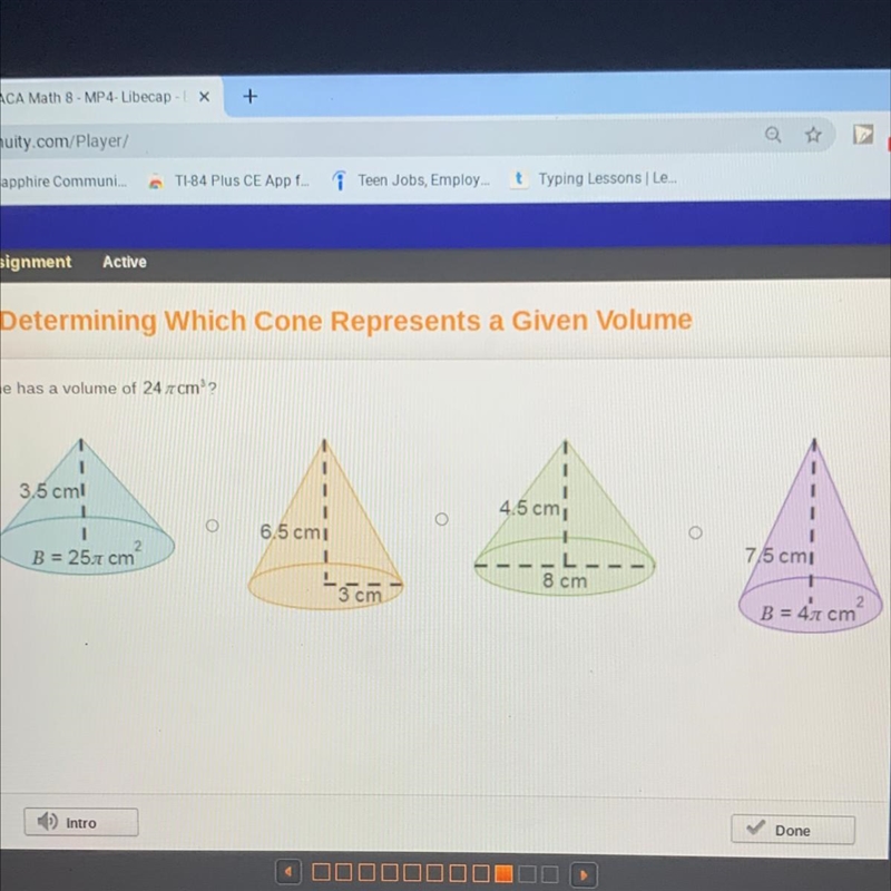 Which cone has a volume of 24 x cm?-example-1