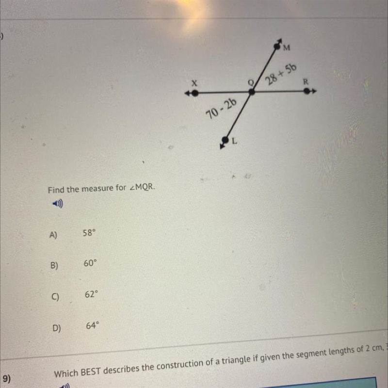 Find the measure for MOR. A) 58° B) 60° C) 62° D) 64°-example-1