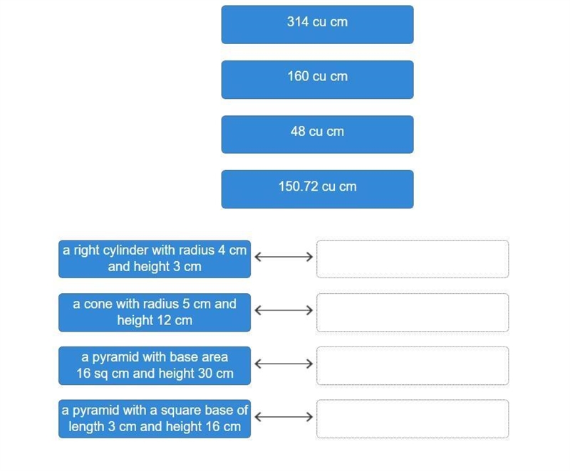 Match each three-dimensional figure to its volume based on the given dimensions. (Assume-example-1