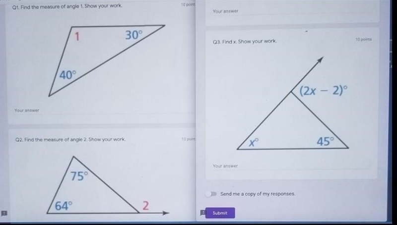 Q1. Find the measure of angle 1. Show your work. Q2. Find the measure of angle 2. Show-example-1