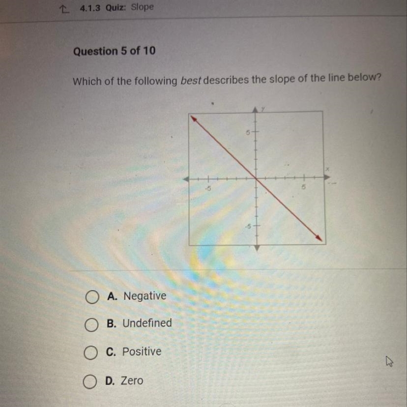 Which of the following best describes the slope of the line below? O A. Negative OB-example-1