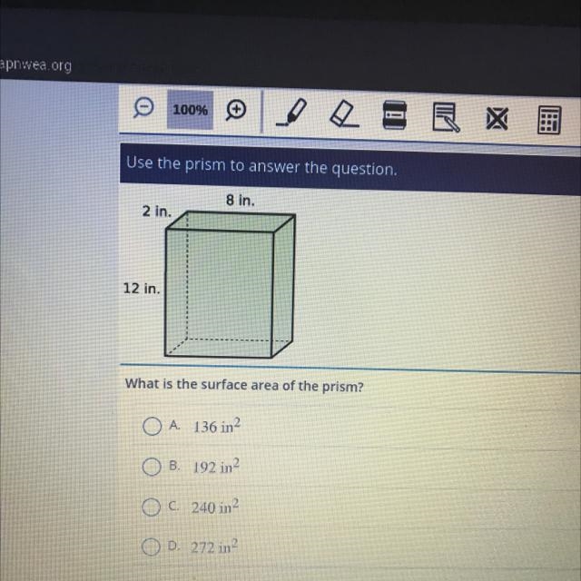 Need help ASAP 8 in. 2 in. 12 in. What is the surface area of the prism?-example-1