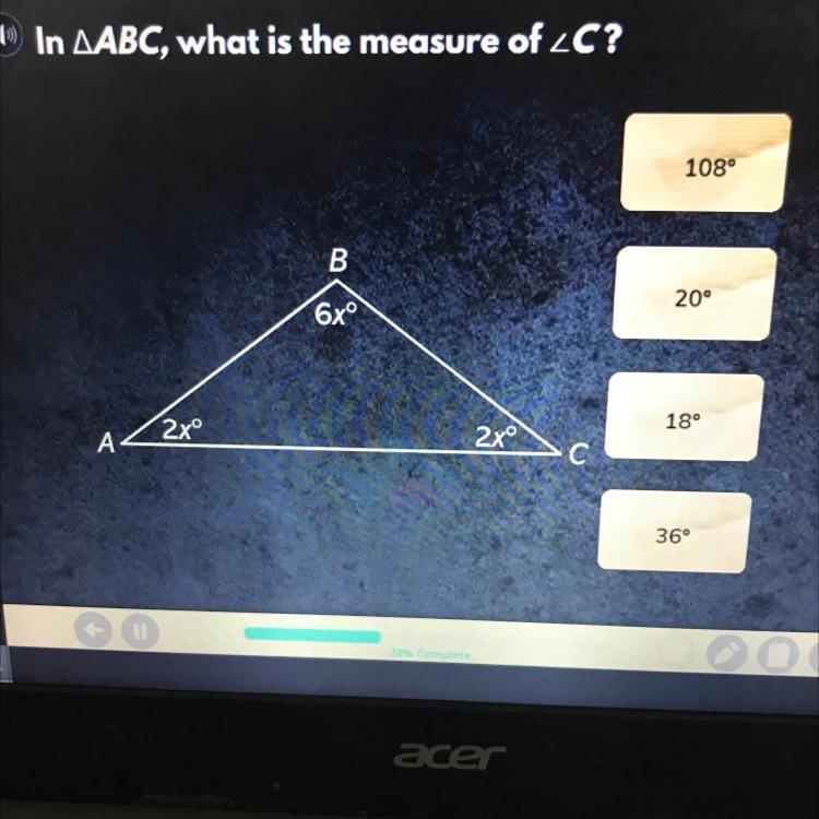 In ABC, what is the measure of C? 108° 20° 18° 36°-example-1