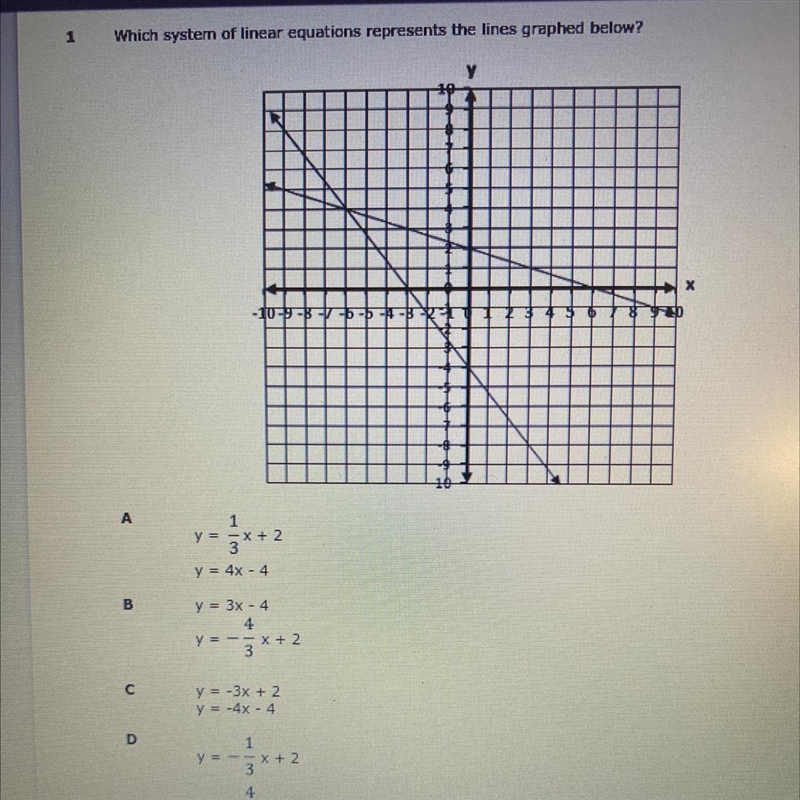 1 Which system of linear equations represents the lines graphed below?-example-1