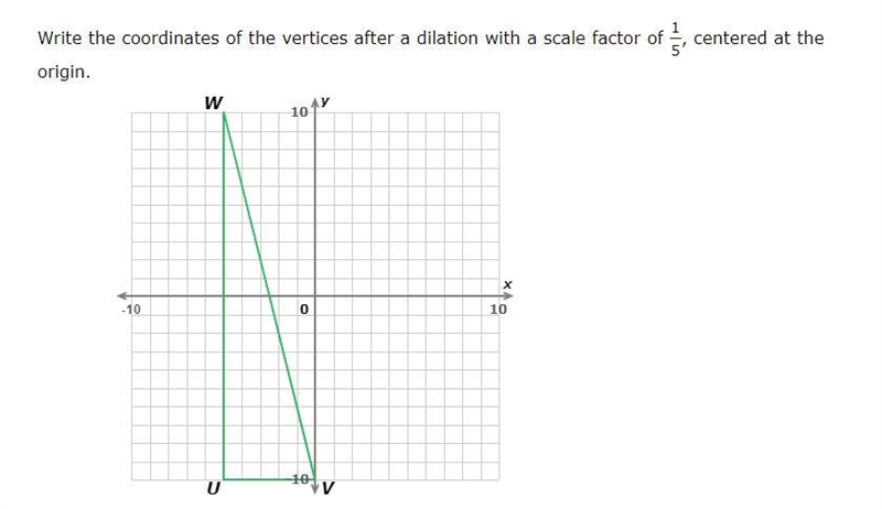 Write the coordinates of the vertices after a dilation with a scale factor of 1/5, centered-example-1