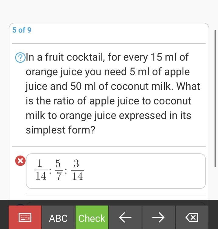 In a fruit cocktail, for every 15 ml of orange juice you need 5 ml of apple juice-example-1