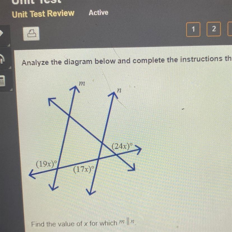 Find the value of x for which m || n A.3 B.4 C.5 D.6-example-1