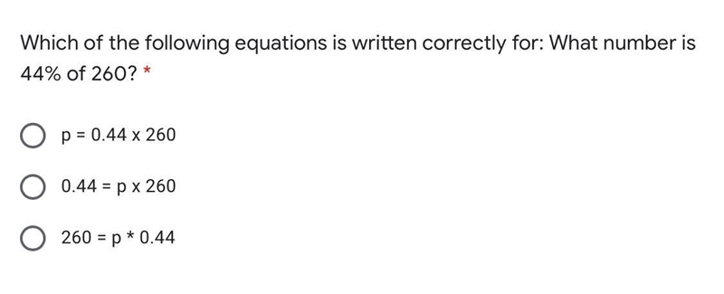 Which of the following equation is written correctly for what number is 40% of 260-example-1