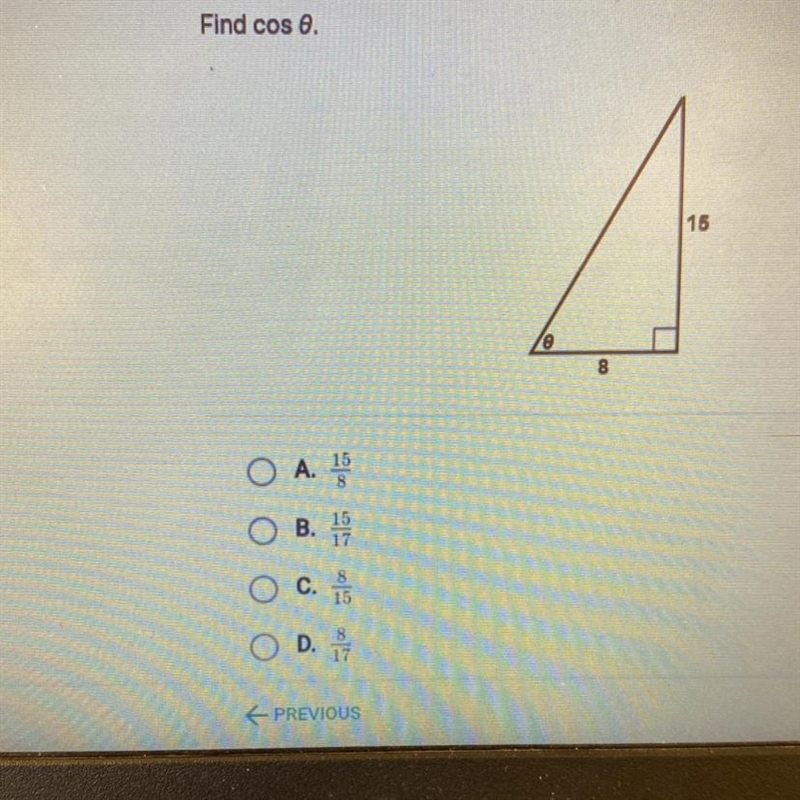 Find cos 0 A. 15/8 B. 15/17 C. 8/15 D. 8/17-example-1