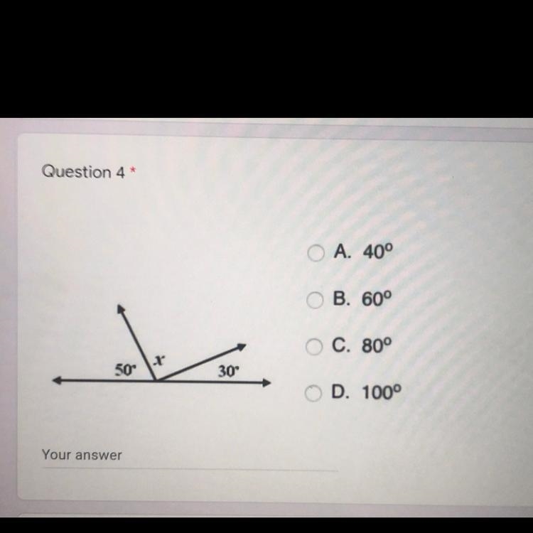 What would the answer to this question be? A. 40° B. 60° C. 80° D. 100°-example-1