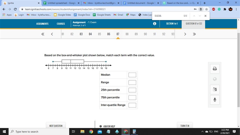 Based on the box-and-whisker plot shown below, match each term with the correct value-example-1