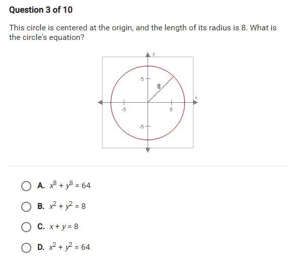 This circle is centered at the origin, and the length of its radius is 8. What is-example-1