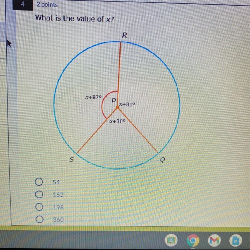 What is the value of x? A.) 54 B.) 162 C.) 198 D.) 360-example-1