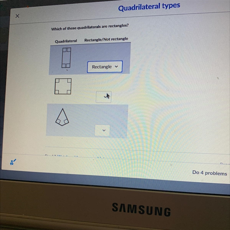 Which of these quadrilaterals are rectangles? Quadrilateral Rectangle/Not rectangle-example-1