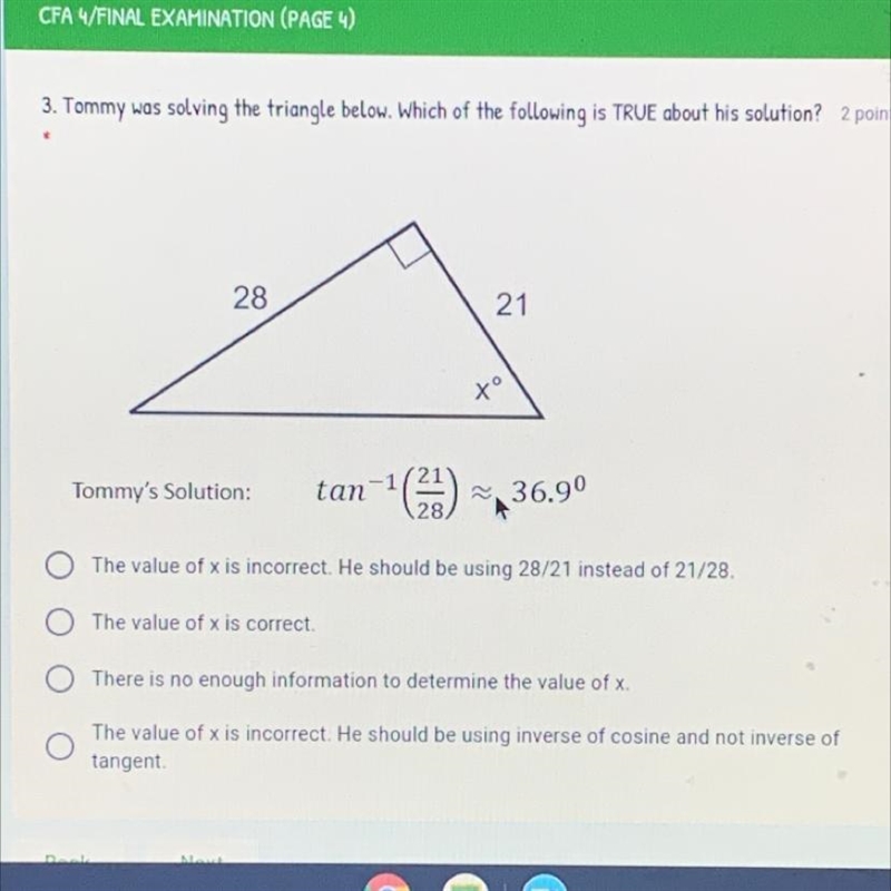 Tommy was solving the triangle below. Which of the following is TRUE about his solution-example-1