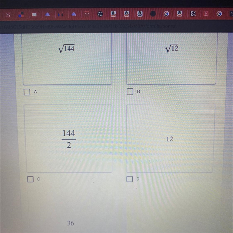 A square has an area of 144 square feet. Select all the expressions that equal the-example-1