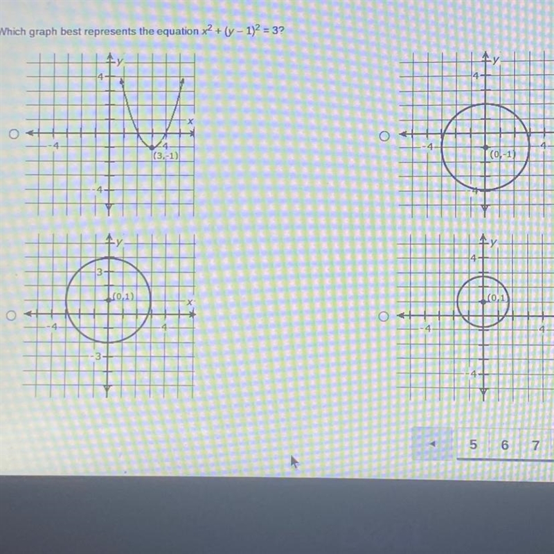 Which graph best represents the equation x^2 + (y - 1)^2 = 3?-example-1