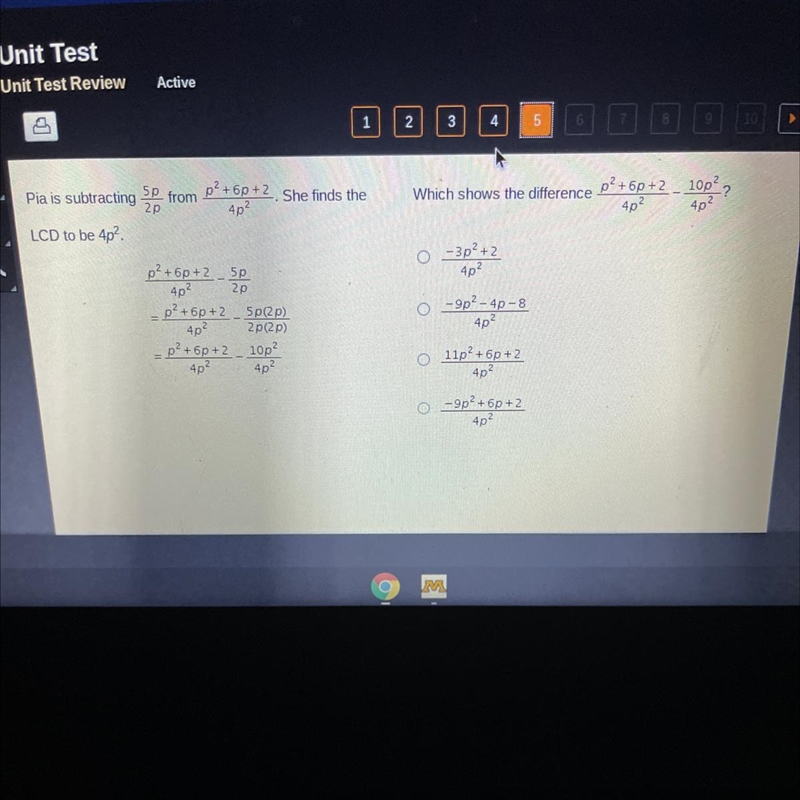 Which shows the difference (p ^ 2 + 6p + 2)/(4p ^ 2) - (10p ^ 2)/(4p ^ 2) ?-example-1