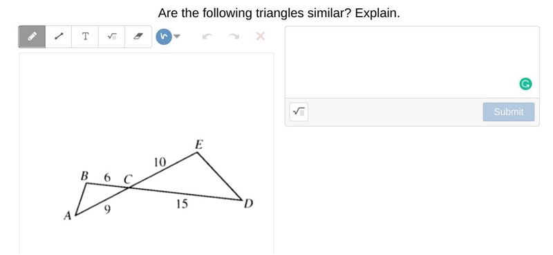 Are the following triangles similar? Explain.-example-1