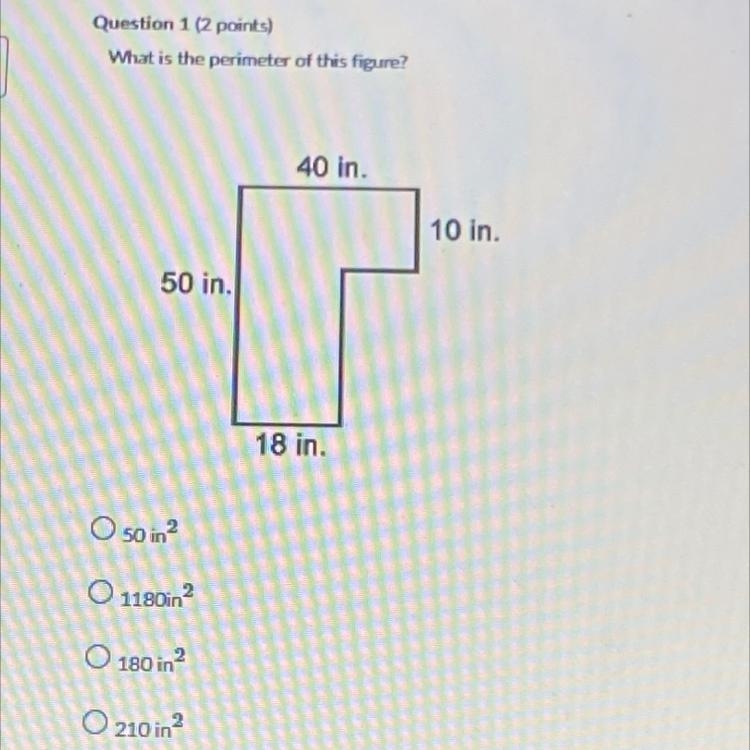 What is the perimeter of this figure 40 in. 10 in. 50 in. 18 in.-example-1