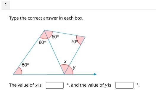 Type the correct answer in each box. The value of x is ___°, and the value of y is-example-1