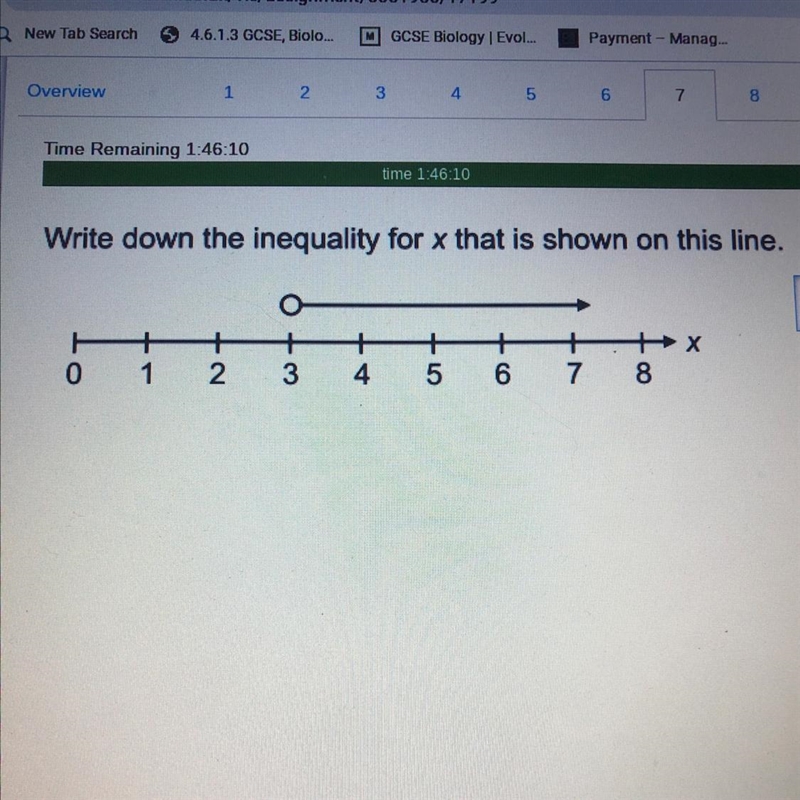 Write down the inequality for x that is shown on this line. 0 1 2 3 4 5 6 7 8-example-1