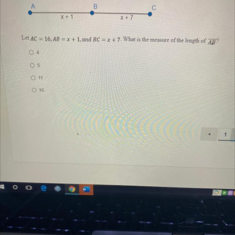 AC = 16, AB = x + 1, and BC = x + 7. What is the measure of the length of AB? HELP-example-1