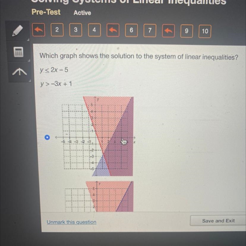 Which graph shows the solution to the system of linear inequalities? y < 2x - 5 y-example-1