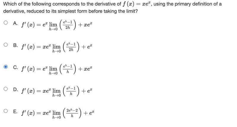 Which of the following corresponds to the derivative of f(x)=xe^x, using the primary-example-1