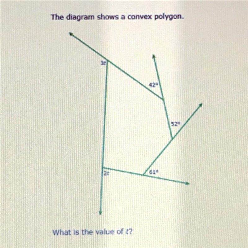 The diagram shows a convex polygon, what is the value of t?-example-1