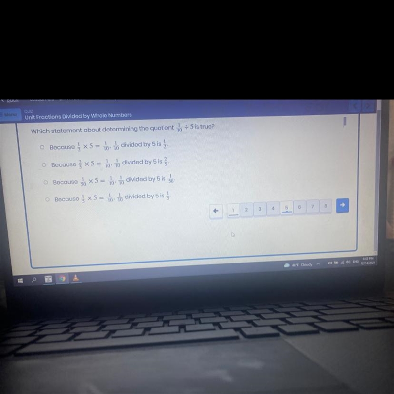 Which statement is about determining 1/10 divided 5 is true? Answer fast! !!show work-example-1