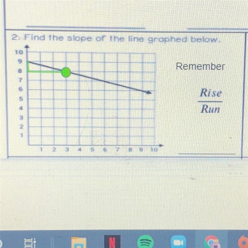 2. Find the slope of the line graphed below! Remember Rise Run 10-example-1