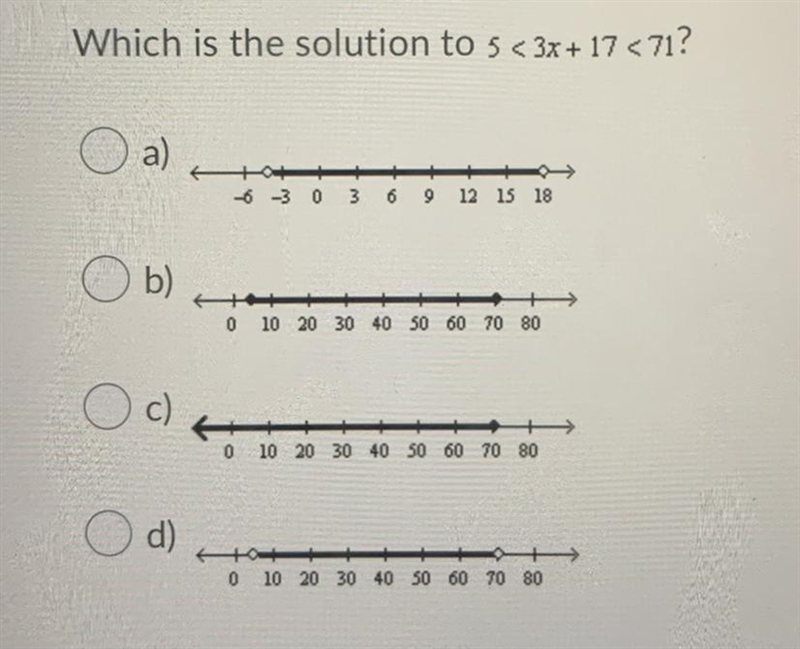 Which is the solution to 5 <3x + 17 <71?-example-1