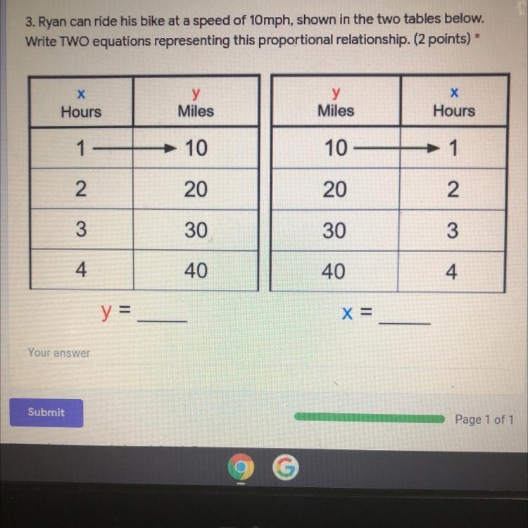 3. Ryan can ride his bike at a speed of 10mph, shown in the two tables below. Write-example-1