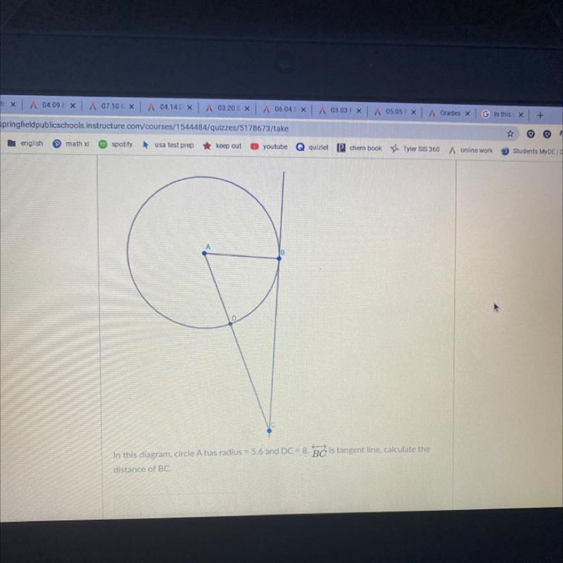 in this diagram, circle A has radius = 5.6 and DC = 8. BC is tangent line, calculate-example-1