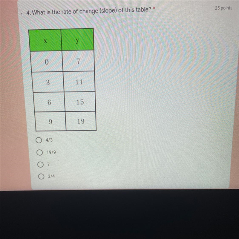 • 4. What is the rate of change (slope) of this table?* Х у 0 7 3 11 6 15 9 19 4/3 19/9 07 O-example-1